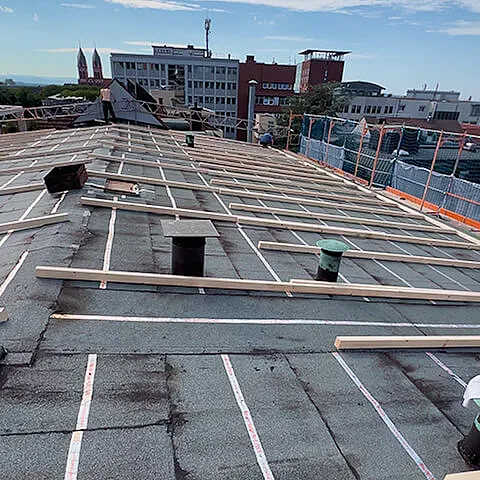 Großflächige Dachkonstruktion mit Holzunterbau in Freiburg