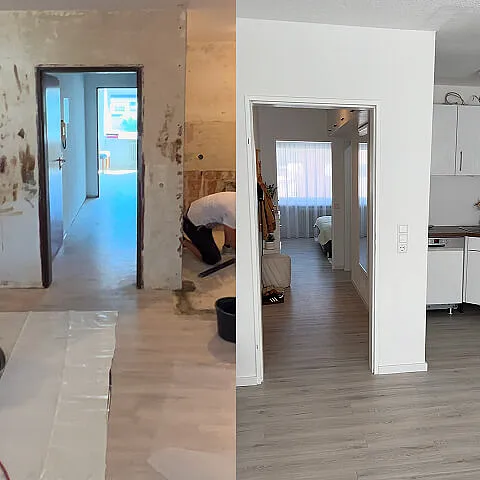 Vorher und nachher Vergleich von Küche und Flur nach Wohnungssanierung in Emmendingen