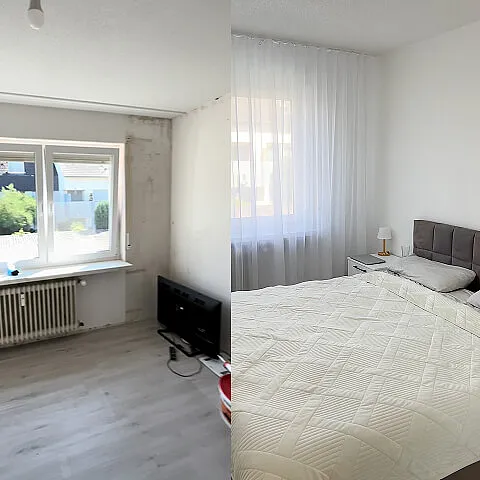 Schlafzimmer Vorher-Nachher nach Komplettsanierung einer Wohnung in Emmendingen